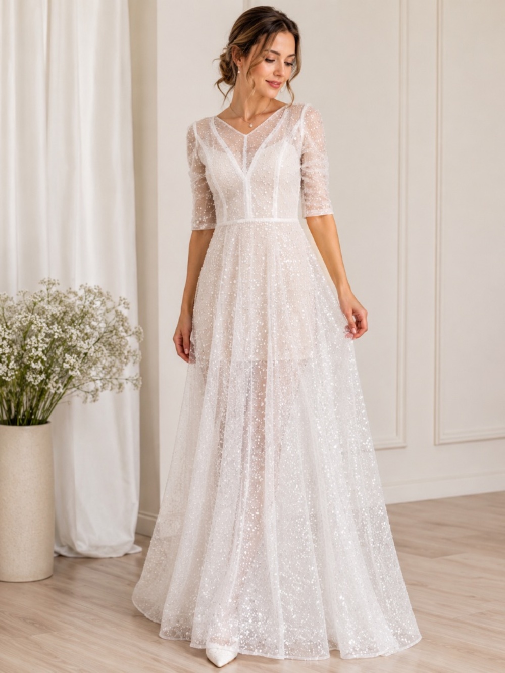 See through Sequin Beaded Sparkly Bridal Gown Over Dress - size S
